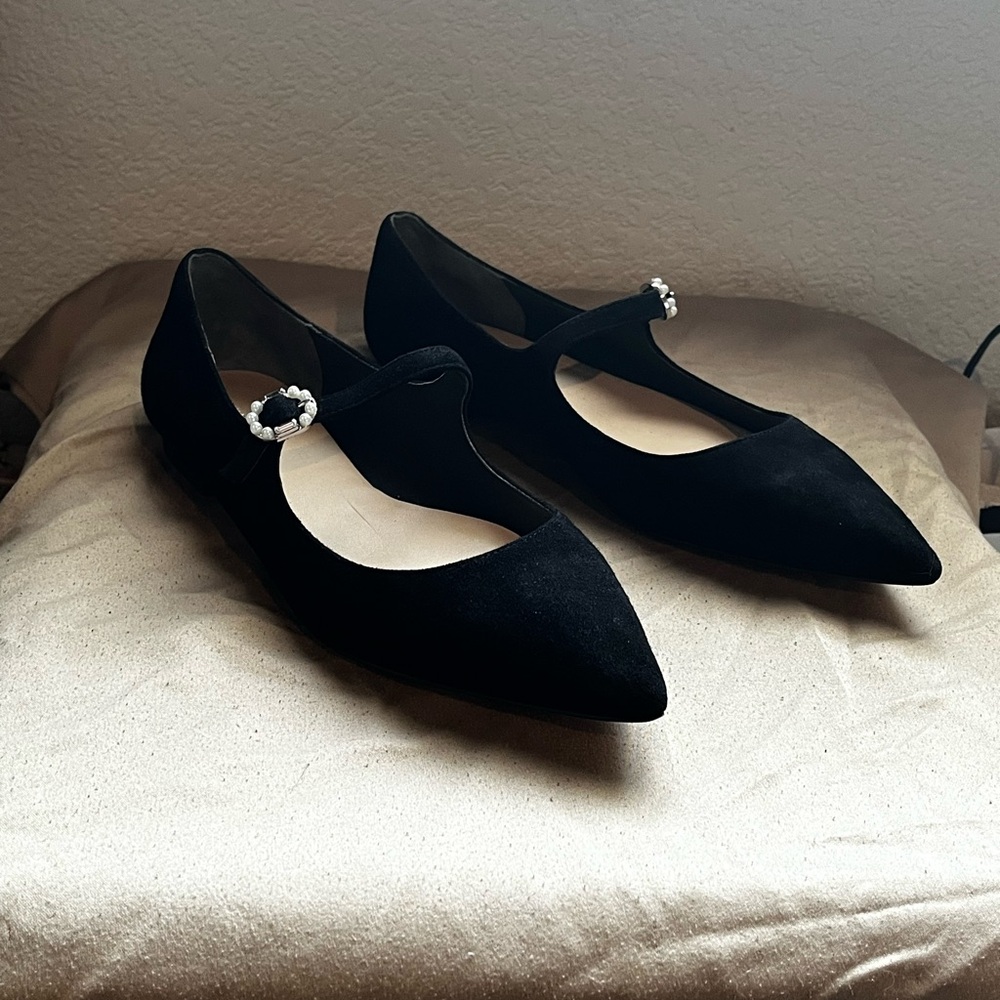 Stuart Weitzman Black Mary Jane Flats with Pearl Accent